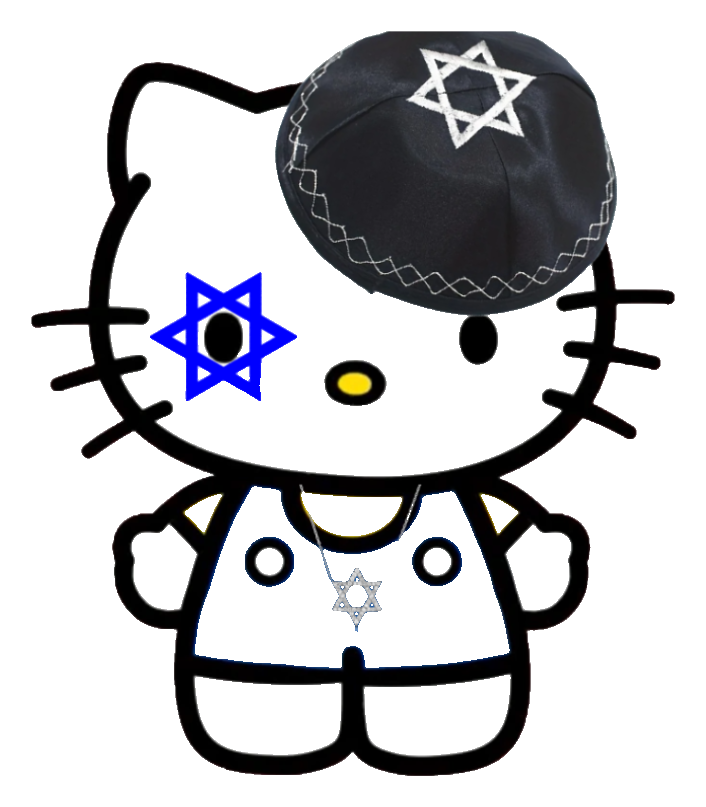 Cat Jew, a cat character in a black kippah, blue vest and yellow collar
